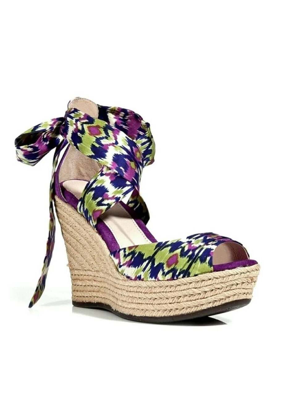 UGG Lucianna Floral Espadrille Wedge Sandals Purple Ankle Tie Platform